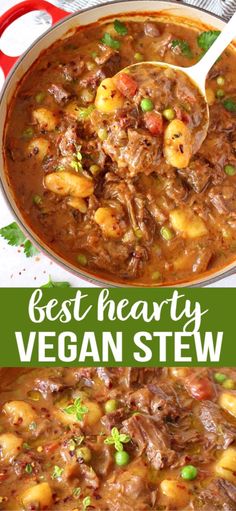 the best hearty vegan stew recipe is shown in two different images, with text overlay