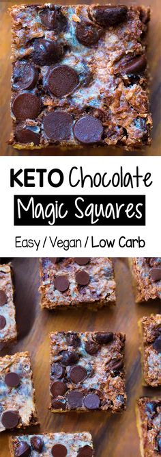 keto chocolate magic squares are stacked on top of each other and ready to be eaten