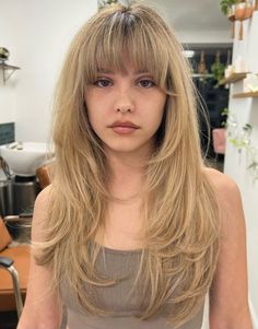 Long Feathered Hair with Brow-Grazing Bangs Long Hair Half Up Half Down With Bangs, Butterfly Haircut With Full Bangs, Midi Length Hairstyles, Long Choppy Layers With Bangs, Mid Length Hair With Fringe Bangs, Hair With Wispy Bangs, Bang Inspo, 2024 Haircut, Haircut 2024