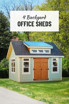 A backyard office shed with transom windows and a wooden door. Shed Office Ideas Backyards, Office Shed Ideas, Office Sheds Backyard, Shed Exterior Ideas, Home Office Shed, Backyard Office Shed, Sheds Ideas Backyard, Outside Sheds, Office Shed