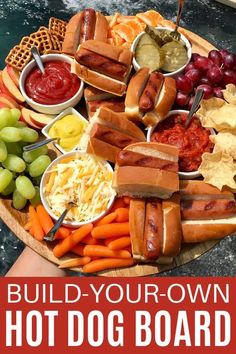 a wooden platter filled with hot dogs and veggies