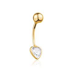 14k gold belly rings with heart-shaped gemstones A perfect combination of luxury and romance. Massete's irresistible 16 gauge (1.2mm) gold navel rings feature dazzling cubic zirconia stones in the shape of a heart, symbolizing love and affection. The 21mm length (almost 1 inch) ensures a stunning, eye-catching look that will make you feel confident and alluring. Crafted with the utmost care and attention to detail, these gold belly button rings are designed for both style and comfort. The easy-g Elegant Heart-shaped Internally Threaded Belly Rings, Elegant Heart-shaped Wedding Belly Rings, Gold Heart-shaped Elegant Piercings, Elegant Gold Heart-shaped Piercings, Elegant Gold Heart Piercings, Elegant 14k Gold Belly Rings For Gift, Elegant 14k Yellow Gold Belly Rings, Elegant Internally Threaded Belly Rings As Gift, Yellow Gold Internally Threaded Belly Rings As Gift