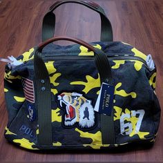 Brand New With Tags Msrp $250 Sold Out On Ralph Lauren Website Designer Large Capacity Yellow Bag, Ralph Lauren Travel Bags With Handles, Yellow Rectangular Bag With Luggage Sleeve, Black Duffel Bag, Yellow Camo, Canvas Duffle Bag, Ralph Lauren Bags, Ralph Lauren Sport, Duffle Bags