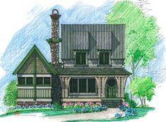 this is an artist's rendering of a house in the country side with flowers and trees