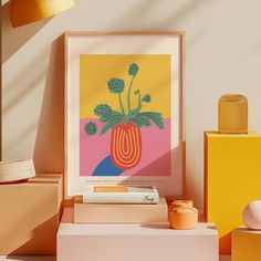 an art print with flowers in a vase on a table next to boxes and other items