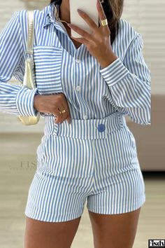 Fisdy - Contemporary Striped Print Patchwork Shirt Collar Long Sleeve Two-Piece Set Striped Long Sleeve Sets For Work, Summer Long Sleeve Patchwork Sets, Striped Long Sleeve Summer Sets, Patchwork Shirt, Two Piece Sets, Two Piece Outfit, Shirt Collar, Stripe Print, Casual Looks