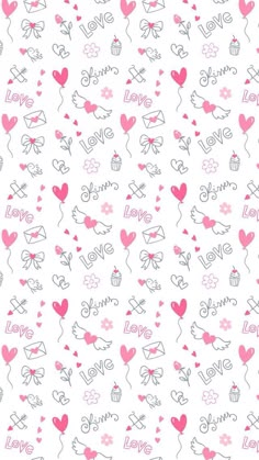 valentine's day wallpaper with pink and gray hearts, cupcakes and love words