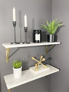 a shelf with candles and some plants on it