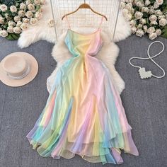 Pastel Rainbow Dress, Mesh Gradient, Printed Beach Dresses, Simple Frocks, Rainbow Gradient, Rainbow Wedding, Rainbow Dress, Bodycon Midi Dress, French Chic