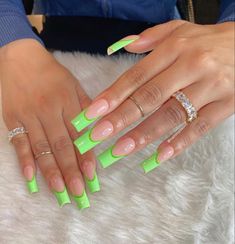 Green Acrylic Nails French Tip, Acrylic Nails French Tip, Acrylic Nails French, Nails French Tip, Neon Green Nails, Green Acrylic Nails, September Nails, Long Acrylic Nail Designs, Plaid Nails