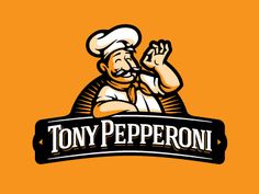 the logo for tony peperoni's restaurant, with an image of a chef holding