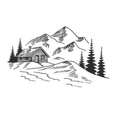 a drawing of a cabin in the mountains with trees and snow on it's ground