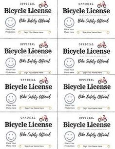 six bicycle license cards with smiley faces and bicycles on the front, two are black and one is white