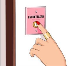 a hand pointing at a pink sign with the word esthettican on it