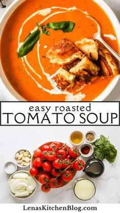 tomato soup in a white bowl with basil, tomatoes and other ingredients on the side