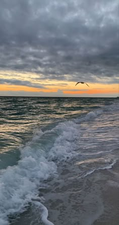 a bird flying over the ocean with waves coming in to shore and another bird on the horizon