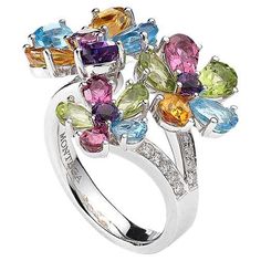 Ring in 18kt white gold set with 14 diamonds 0.19 cts, 4 blue topazes 2.48 cts 3 citrines 1.61 cts, 4 peridots 1.36 cts, 4 toumalines 1.05 cts Size 55 and 3 amethysts 0.87 cts Size 54 Luxury Multi-stone Flower Ring, Flower Rings, Diamond Wallpaper, Sparkly Jewelry, White Gold Set, Flower Ring, Gold Set, Blue Topaz, Citrine