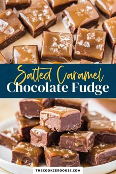 salted caramel chocolate fudge on a white plate with text overlay that reads salted caramel chocolate fudge