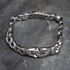 Stainless Steel Chunky Curb Link Bracelet With Celtic Designs-Viking Bracelet-Norse Spirit Adjustable Stainless Steel Bracelet With Clasp, Stainless Steel Cuban Link Bracelet, Adjustable Cuban Link Bracelet With Stainless Steel Clasp, Adjustable Silver Bracelet For Outdoor, Gunmetal Stainless Steel Chain Bracelet, Adjustable Gunmetal Stainless Steel Bracelets, Adjustable Gunmetal Stainless Steel Bracelet, Adjustable Stainless Steel Gunmetal Bracelet, Gunmetal Jewelry With Stainless Steel Clasp