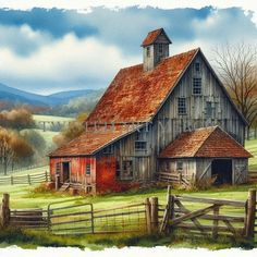 a painting of an old barn in the country