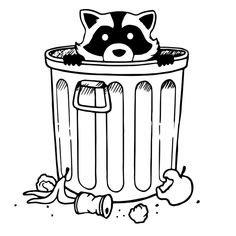 a raccoon sitting in a trash can