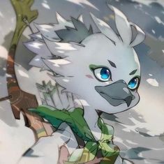 a white bird with blue eyes standing in the snow