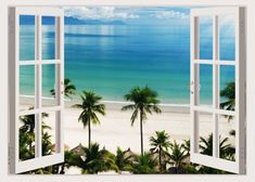 an open window looking out onto the beach and ocean with palm trees in front of it