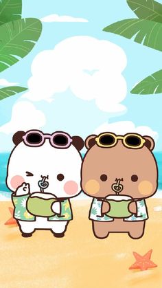 two cartoon bears standing next to each other on a beach