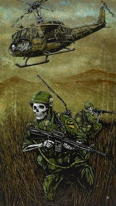 The American soldiers traverse the damp terrain while helicopter transport flies overhead. Painting Process The 20 x 36 aquaboard was first layered with acrylics... David Lozeau, Vietnam Art, Military Wallpaper, Military Drawings, Military Artwork, Combat Art, Skeleton Art, Airbrush Art, 판타지 아트