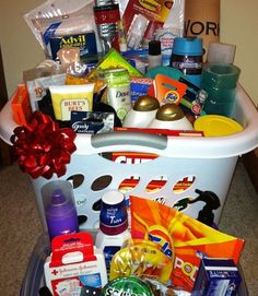 a white basket filled with lots of different items