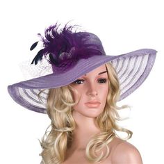 Floppy Wide Brim Sun Hat with Feather and Veil-Hats-Innovato Design-Purple-Innovato Design Luxury Purple Hat For Formal Occasions, Luxury Purple Wide-brim Hat, Kentucky Derby Dress, Kentucky Derby Fashion, Derby Fashion, Derby Outfits, Ladies Hats, Church Hat, Derby Dress