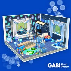 an animated image of a bedroom with blue walls and furniture, including teddy bears on the bed