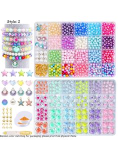 various colors and sizes of beads in plastic trays with starfish, seahorse, fish