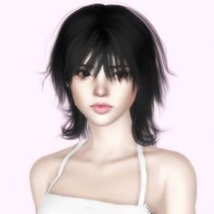 an animated image of a woman with black hair wearing a white top and looking at the camera