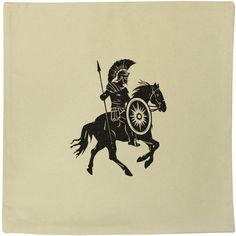 a black and white drawing of a man riding a horse with a shield on it