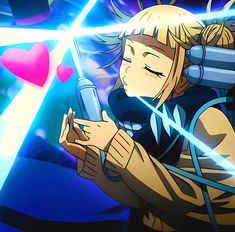 an anime character with blonde hair holding a cell phone