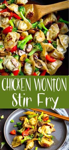 chicken wonton stir fry with broccoli and peppers