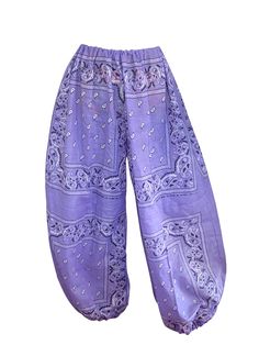 Harem Pants, made from bandana print scarves. Adjustable waist band One size really does fit all. comes in different colors Really Baggy Pants, Bohemian Paisley Print Bottoms For Festival, Relaxed Fit Bottoms With Paisley Print For Spring, Spring Relaxed Fit Bottoms With Paisley Print, Purple Festival Bottoms With Elastic Waistband, Festival Purple Bottoms With Elastic Waistband, Casual Purple Bottoms For Festival, Casual Purple Pants For Festival, Summer Cotton Bottoms With Bandana Print