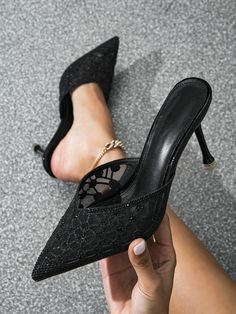 Women Rhinestone Decor Point Toe Pyramid Heeled Pumps, Elegant Black Mesh Mule Pumps Black Elegant    Plain Mules   Women Shoes, size features are:Bust: ,Length: ,Sleeve Length: Mule Pumps, Black Pointed Heels, Shoes Fashion Photography, Mules Women, Fairy Shoes, Heeled Mule, Heeled Pumps, Stylish Heels, Elegant Heels