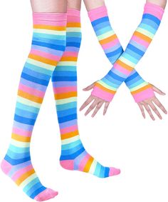 PRICES MAY VARY. MATERIAL: 100% Acrylic; Soft Slipper Floor Long Tube Socks for Spring, Autumn and Winter in a Colorful Rainbow Striped Colors, Knitwear. Rainbow Arm and Legging Warmers for Women and Girls, very Comfortable, Soft and Elastic, suits for Warm Sleeping Socks in Winter and Spring. Vibrant colors and unique style, nice Christmas Socks Leg and Arms Warmers for Women. Bright rainbow colors to attract other's attention, This Knee High Socks for women, a Nice Women's Accessories for Tigh Rainbow Thigh High Socks, Striped Leg Warmers, Striped Thigh High Socks, Striped Knee High Socks, Rainbow Socks, Soft Gloves, Cosplay Accessories, Soft Slippers, Thigh High Socks