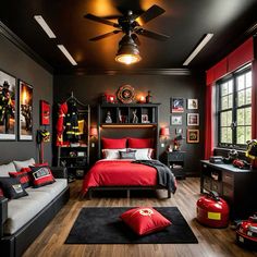 the bedroom is decorated in black and red