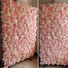 two pictures of pink and white flowers on a wall