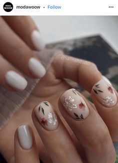 Short Gel Nails Floral, Nails With Greenery Design, Bridal Nails Flowers, Neutral Floral Nails Short, Blush Floral Nails, Bridal Nails With Color, Short Nails Floral Design, Spring Russian Manicure, Bridal Nails Boho