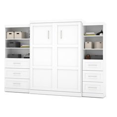 a white bookcase with two doors and drawers