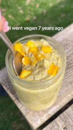 a person holding a spoon in a jar filled with oatmeal and fruit