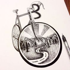 a drawing of a bike with the number three on it's front wheel and mountains in the background