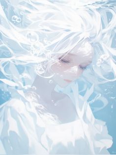 a woman with white hair floating under water