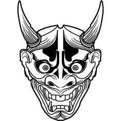 a demon mask with horns and fangs on it's face, in black and white