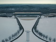 an aerial view of a snow covered landscape