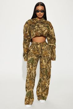 Available In Olive/combo. Camo Pant Set Hoodie Drawstring Cropped Wide Leg Pant Belt Loops Button And Zipper Closure Minimal Stretch 32" Inseam Disclaimer: Print Placement Will Vary 98% Cotton 2% Spandex Imported California Proposition 65 WARNING: Cancer and Reproductive Harm - www.P65Warnings.ca.gov. | On The Lookout Camo Pant Set in Olive Green size 3X by Fashion Nova Camo Theme Outfit, Womens Camo Pants Outfit, Womens Camo Pants, Camo Pant, Glam Closet, Humble Hustle, Baggy Sweatpants, Cropped Wide Leg Pants, Camo Pants